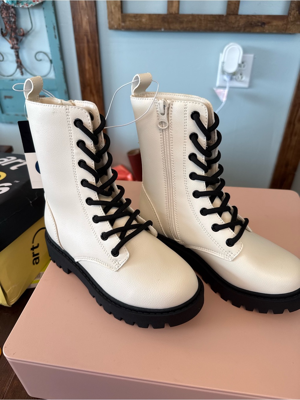 art class Cream Lace-Up Combat Boots with Black Soles
